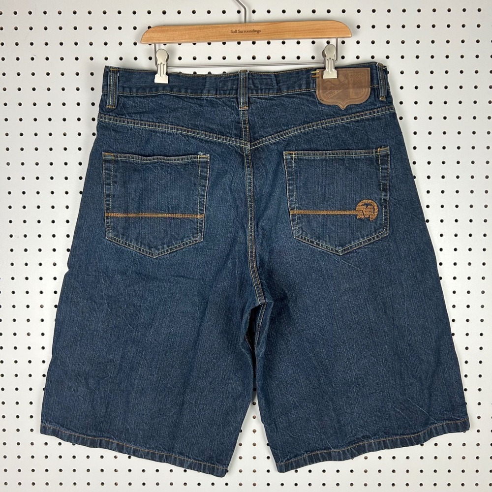 Mecca USA Mens Baggy Denim Shorts Blue Size 40 Embroidered Hip Hop Y2K Skater